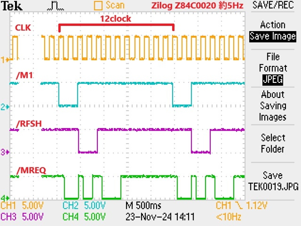 Zilog Z84C0020 5Hz動作時、メモリは18Hをセットした時の波形。ニーモニックでJR eを実行している。M1サイクル開始の間隔を見ると12clockかかっている。