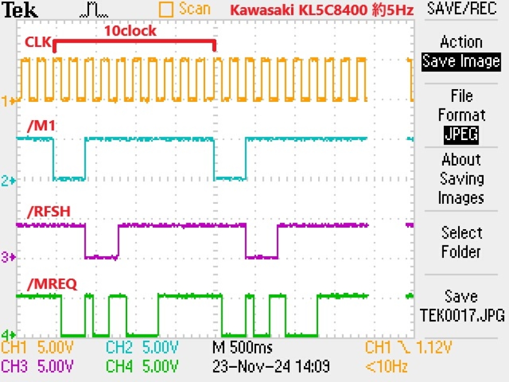 Kawasaki KL5C8400 5Hz動作時、メモリは18Hをセットした時の波形。ニーモニックでJR eを実行している。M1サイクル開始の間隔を見ると10clockかかっている。