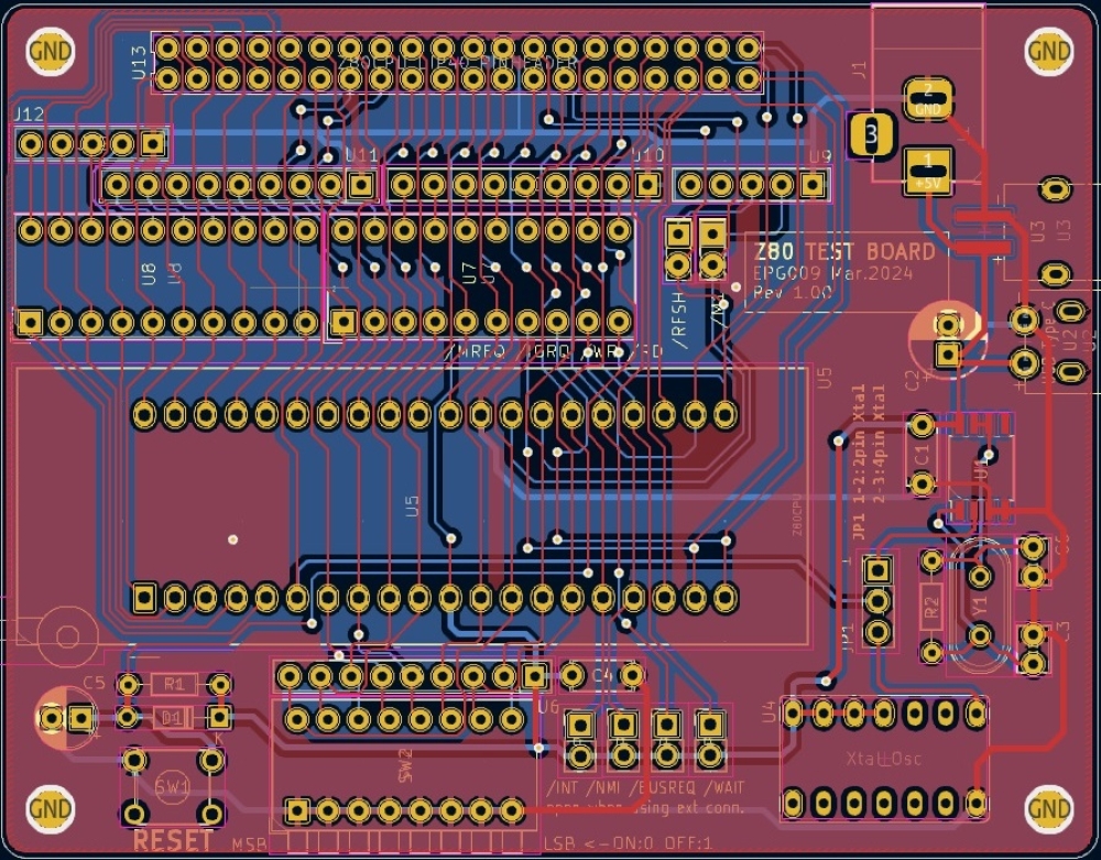 KiCADでのZ80テストボードのPCBエディターの図