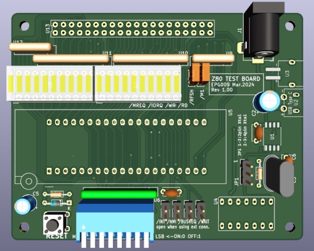 Z80テスト用のボード KiCADのレンダリング画像